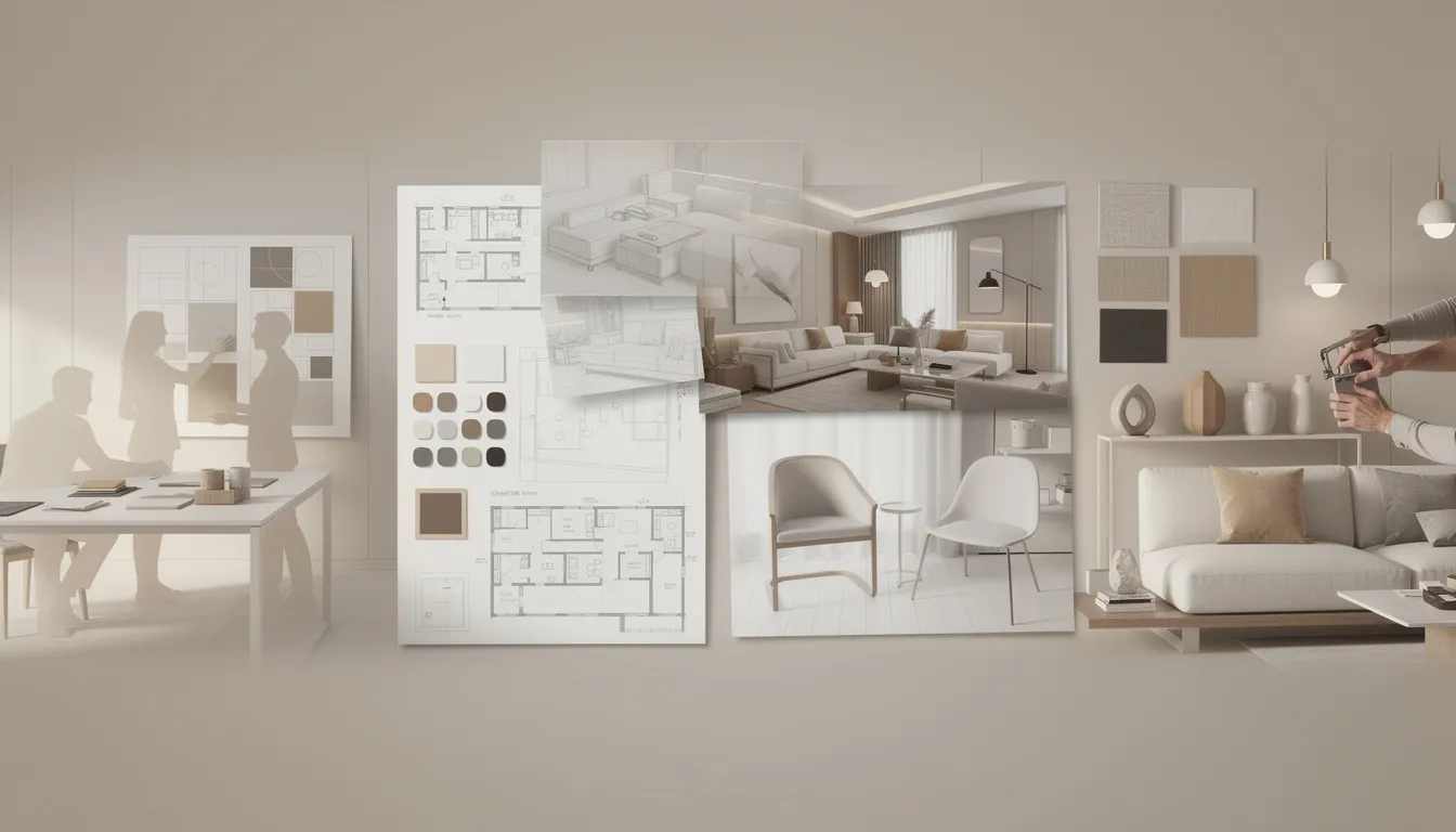 Die Illustration zeigt den gesamten Prozess der Inneneinrichtung in einer harmonischen Szene, beginnend mit einer Analyse und Beratung, gefolgt von Konzeptentwicklung, 3D-Visualisierung, Möbel Auswahl und der finalen Umsetzung. Die sanften, warmen Lichtverhältnisse und die minimalistische Ästhetik schaffen eine inspirierende Atmosphäre, die den kreativen Weg der Raumgestaltung verdeutlicht.