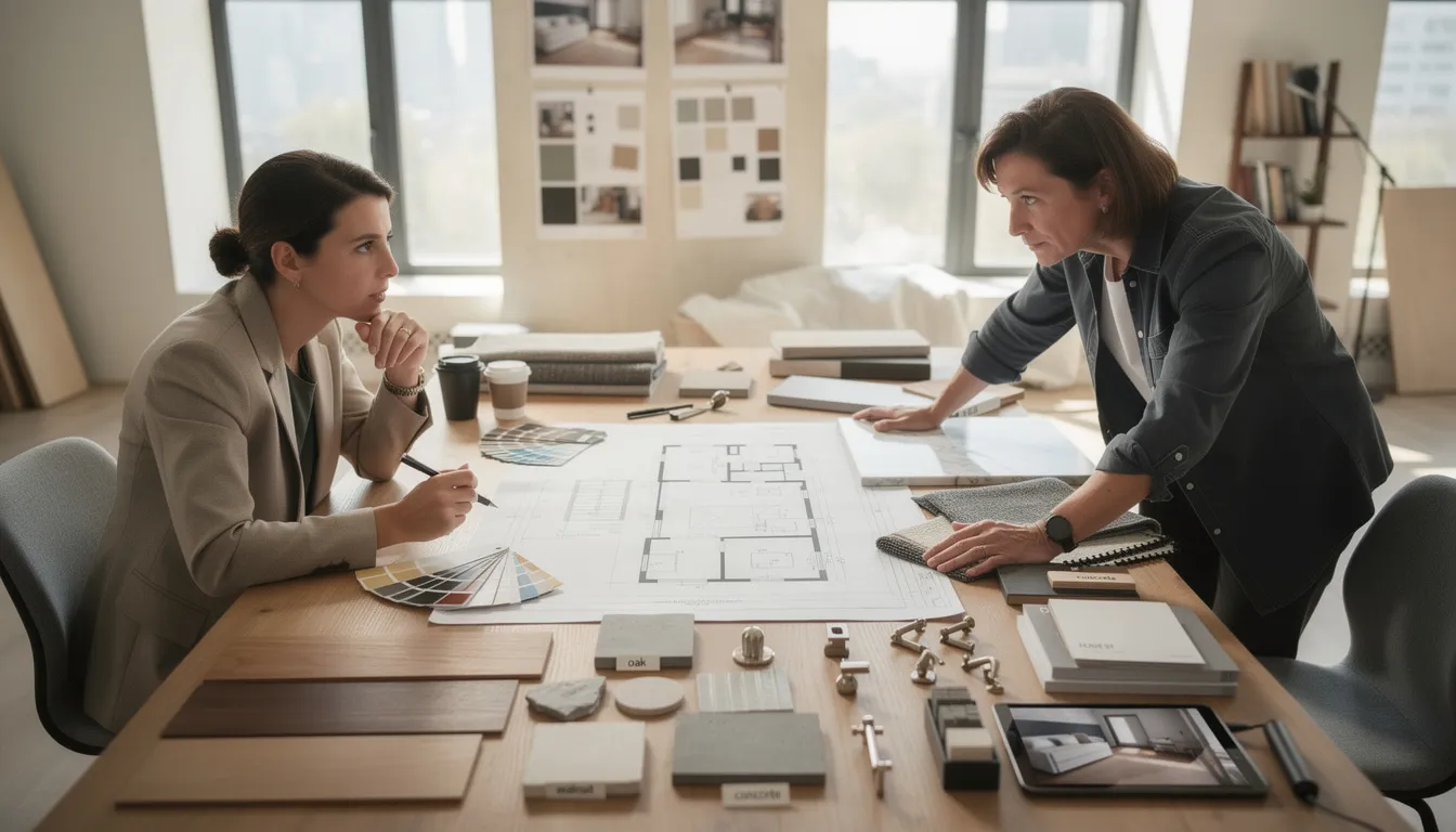 Ein Innenarchitekt arbeitet mit einem Bauherren an Renovierungsplänen und begutachtet verschiedene Materialmuster. Auf dem Tisch liegen Farbproben und Entwurfsskizzen, während sie gemeinsam die Gestaltung des Innenraums besprechen.