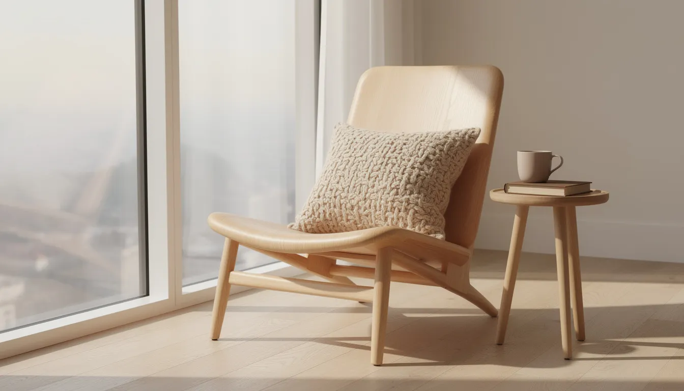 In dieser gemütlichen Leseecke steht ein heller Holzstuhl mit einem weichen Wollkissen, das neben einem großen Fenster platziert ist. Der skandinavische Stil und die natürliche Beleuchtung schaffen eine einladende Atmosphäre für konzentriertes Arbeiten oder entspannte Lesestunden.