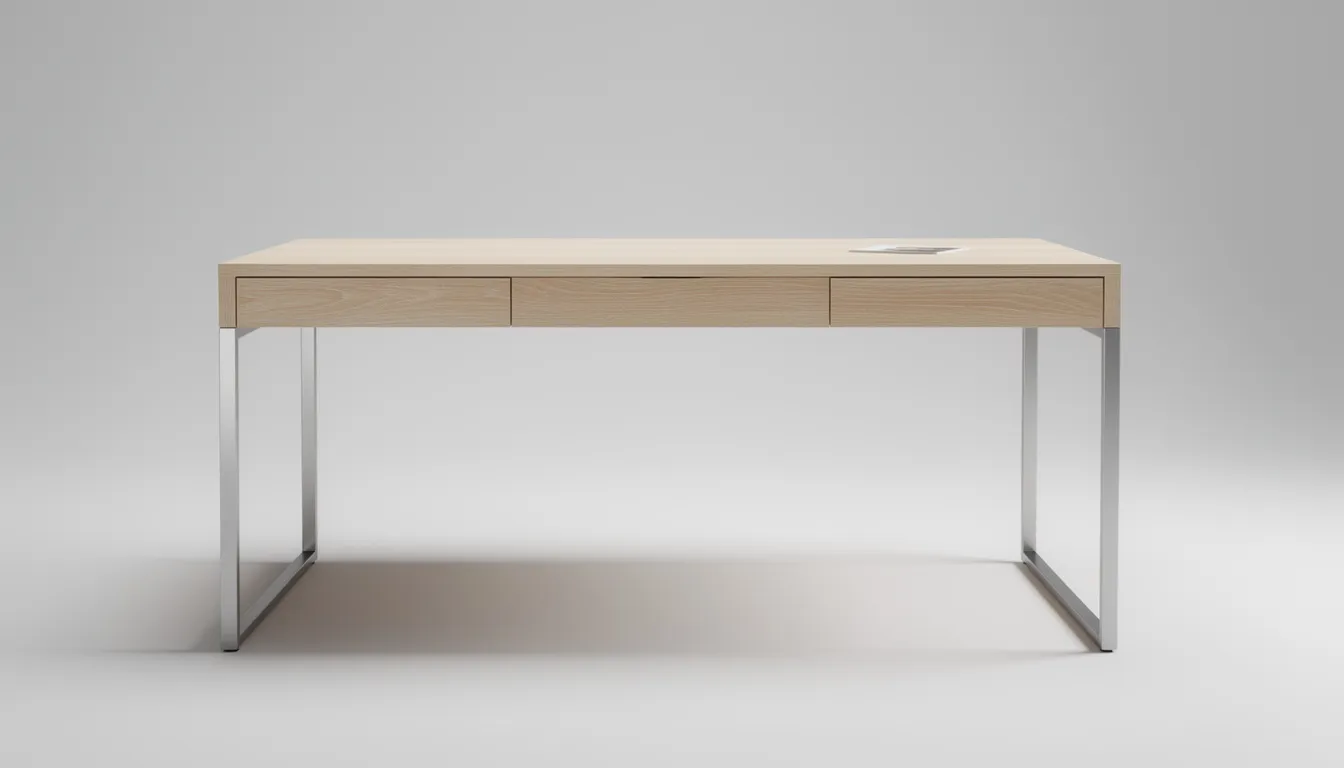 Ein eleganter Schreibtisch aus heller Eiche mit minimalistischen Metallbeinen steht in einem skandinavisch eingerichteten Arbeitszimmer. Der Schreibtisch vereint Funktionalität und Stil und schafft eine gemütliche Atmosphäre für konzentriertes Arbeiten im Home Office.