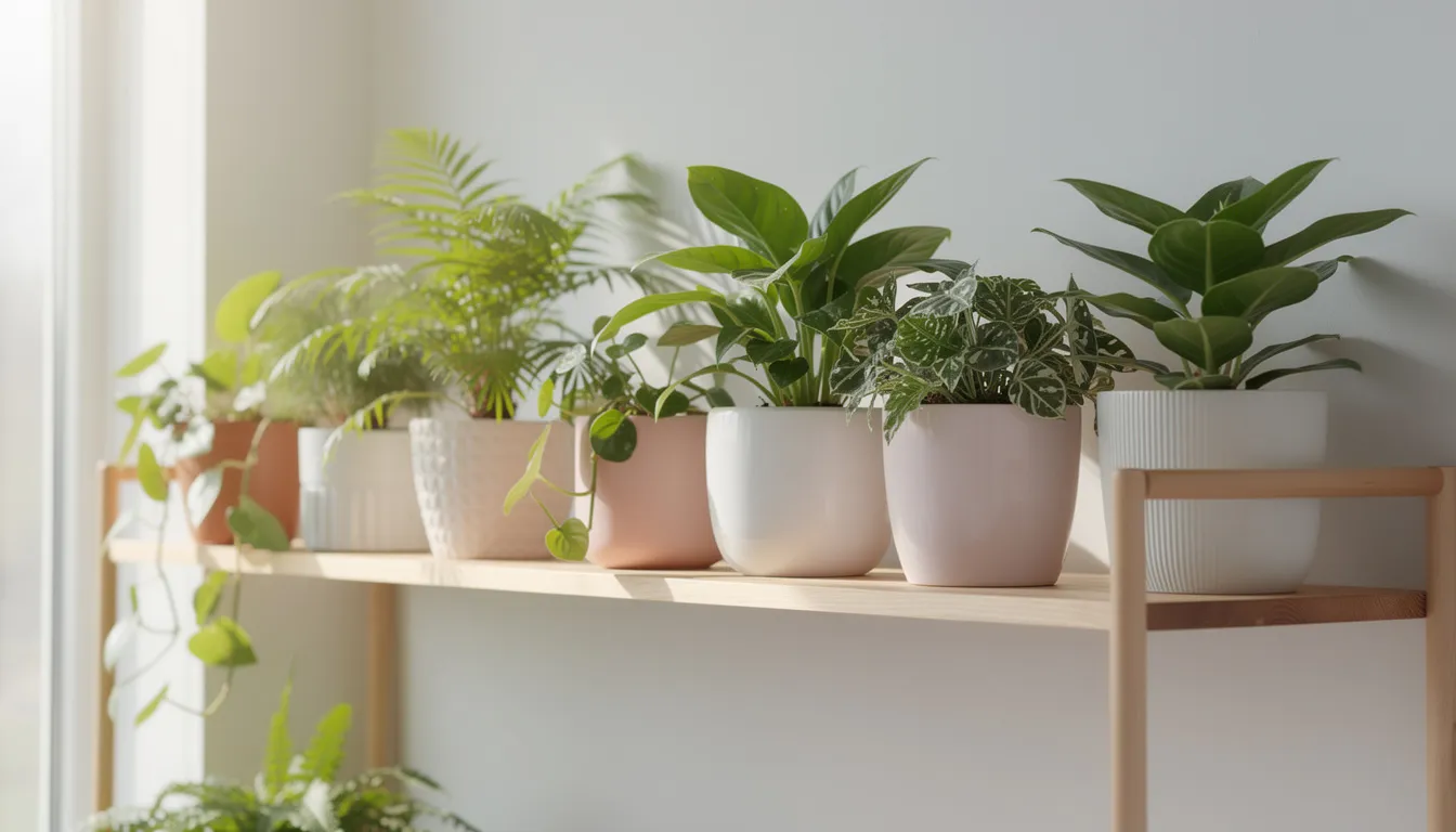 Auf einem Regal aus Birkenholz stehen verschiedene Pflanzen in hellen Töpfen, die eine frische und natürliche Atmosphäre schaffen. Diese Kombination aus Pflanzen und skandinavischem Design verleiht dem Arbeitszimmer eine gemütliche Note und fördert die Konzentration im Home Office.