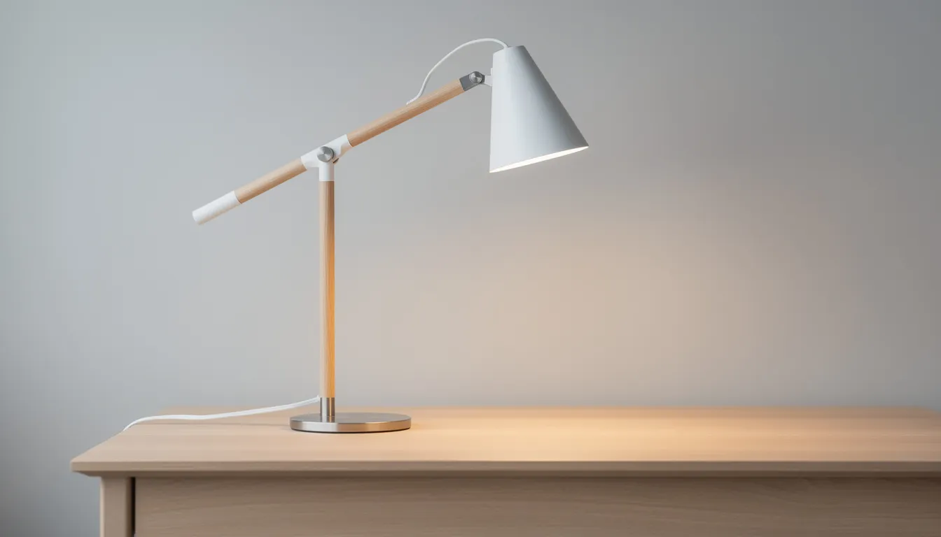 Die moderne skandinavische Schreibtischlampe mit verstellbarem Arm aus hellem Holz und Metall fügt sich harmonisch in ein stilvolles Arbeitszimmer oder Home Office ein. Ihr minimalistisches Design und die Kombination aus natürlichen Materialien schaffen eine gemütliche Atmosphäre, die die Konzentration beim Arbeiten fördert.