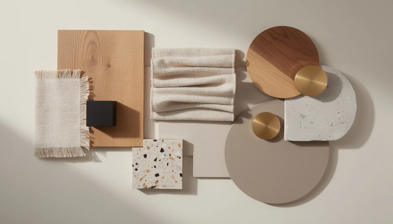 Eine abstrakte, ästhetisch gestaltete Visualisierung des Innenraum-Designs zeigt harmonisch angeordnete Materialien wie Holztexturen, Stoffmuster und Steinsamples in sanften, neutralen Farbtönen. Die minimalistische Komposition vermittelt eine moderne Ästhetik und inspiriert zur Raumgestaltung in verschiedenen Kategorien wie Möbel und Dekoration.
