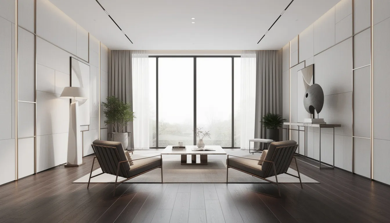 Ein stilvoll gestalteter Raum, der durch perfekte Symmetrie und interessante Akzente besticht, bietet eine harmonische Atmosphäre für die Inneneinrichtung. Die ausgewählten Möbel und Dekorationselemente schaffen eine inspirierende Umgebung, die sowohl ästhetisch ansprechend als auch funktional ist.