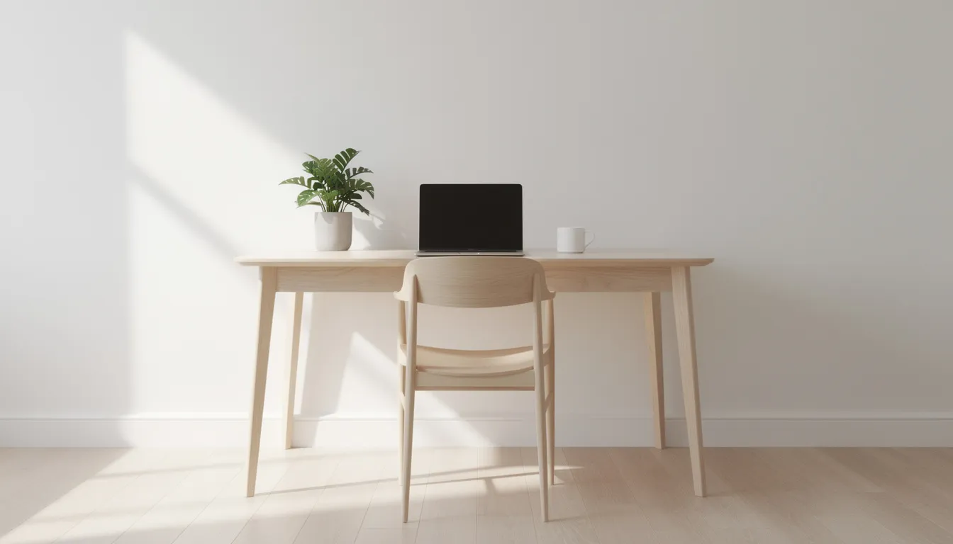 Ein minimalistischer skandinavischer Arbeitsplatz mit einem hellen Holzschreibtisch aus Eiche, umgeben von weißen Wänden, vermittelt eine ruhige und funktionale Atmosphäre. Der Raum ist perfekt für kreatives Arbeiten und bietet eine harmonische Kombination aus natürlichen Materialien und stilvollem Design.