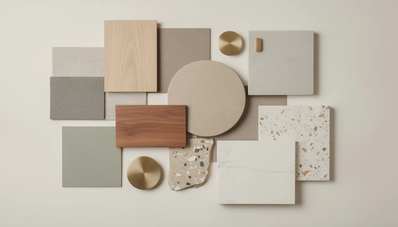 Ein stilvolles, modernes Moodboard zeigt sorgfältig angeordnete Materialien und Farben für die Inneneinrichtung im Jahr 2024. Es umfasst hochwertige Texturen wie Stoffmuster, Holzoberflächen und sanfte, neutrale Farbtöne, die harmonisch in einem minimalen Layout präsentiert werden.
