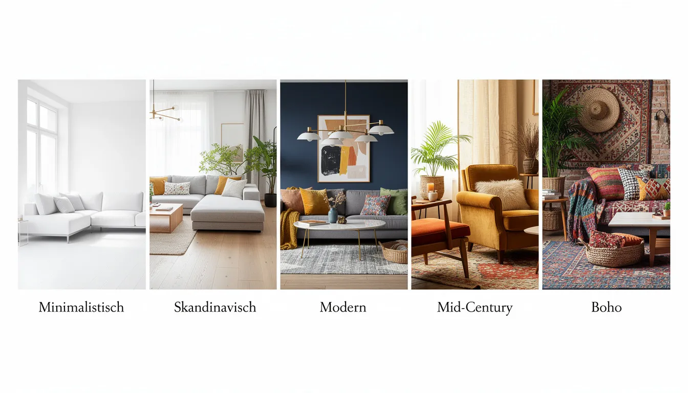 Die Collage zeigt eine Vielzahl von Interior Design Stilen, die von minimalistisch bis boho reichen, und bietet Inspirationen für die Raumgestaltung in deinem Zuhause. Unterschiedliche Möbel und Dekorationselemente sind harmonisch angeordnet, um die Vielfalt der Ästhetik und Gestaltungsmöglichkeiten zu präsentieren.