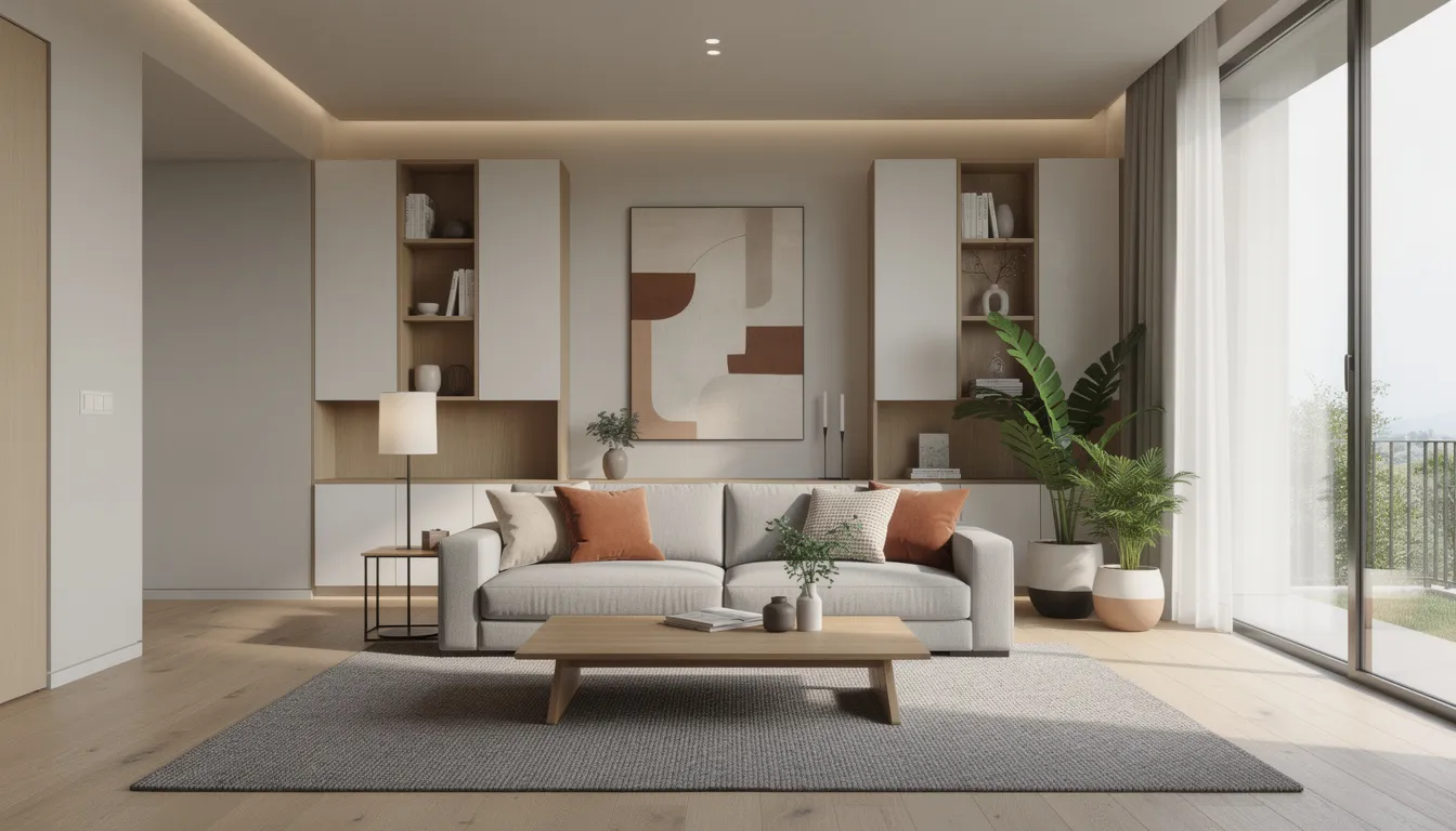 Das Bild zeigt ein modernes Wohnzimmer mit einer harmonischen Farbgestaltung, das stilvolle Möbel und eine ansprechende Inneneinrichtung präsentiert. Der Raum strahlt eine gemütliche Atmosphäre aus und bietet Inspirationen für die Raumgestaltung in deinem Zuhause.